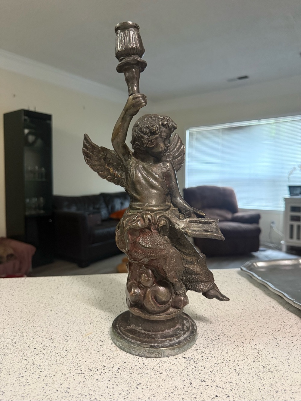 antique bronze cherub holding a torch candle holder 14in